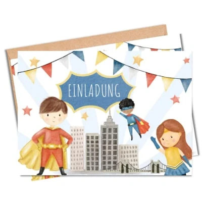Abbildung von MeinBaby123® 10 Einladungskarten Kindergeburtstag Jungs süße Geburtstagseinladungen für Kinder Superhelden inkl. Briefumschläge Premium Qualität (Superhelden V2)