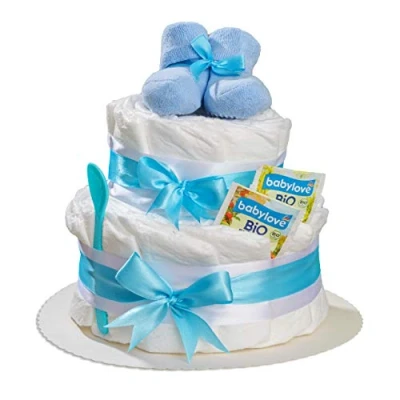 Abbildung von Windeltorte Junge 2 stöckig in Blau mit Babysocken, Geschenke zur Geburt für die Mutter, Taufe oder Baby Party Geschenkidee neugeborene Windeln Inklusive Glückwunschkarte