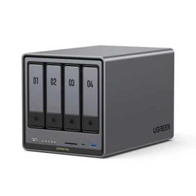 Abbildung von UGREEN NASync DXP4800 Plus 4 Bay Desktop NAS, Intel Pentium Gold 8505 5 Core CPU, 8GB DDR5 RAM, 128G SSD, 1 * 10GbE, 2,5GbE, 2*M.2 NVMe Steckplätze, 4K HDMI, Network Attached Storage (Diskless)