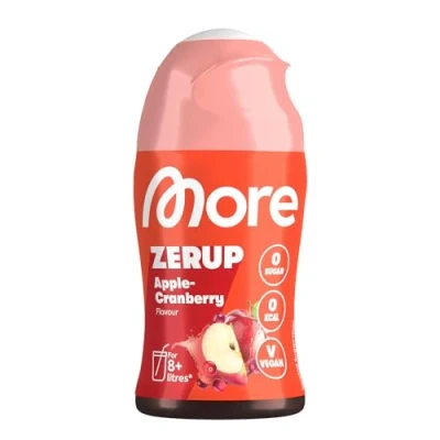 Abbildung von MORE Zerup, Apple Cranberry, 65 ml, für bis zu 8 l Fertiggetränk, zuckerfreier Sirup mit echten Fruchtextrakten, vegan, zero Kalorien made in Germany
