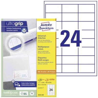 Abbildung von AVERY Zweckform 3658 200 Adressaufkleber (4.800 plus 480 Klebeetiketten extra, 64,6x33,8mm auf A4, bedruckbare Absenderetiketten, selbstklebende Adressetiketten mit ultragrip) 220 Blatt, weiß