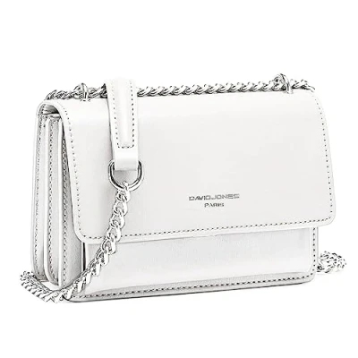 Abbildung von David Jones Damen Kleine Umhängetasche Frau Ketten Schultertasche PU Leder Handtasche Mini Crossbody Bag mit Klappe Handy Party Tasche Kettentasche Abendtasche Mode Trend Weiß
