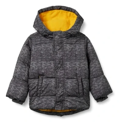 Abbildung von Amazon Essentials Jungen Schwere Pufferjacke mit Kapuze, Dunkelgrau Meliert, 6 7 Jahre