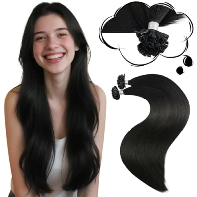 Abbildung von Moresoo Echthaar Extensions Bondings 60cm Schwarz U Tip Keratin 1g Remy Pre Bonded Nail Glatt Dicke Haare 50g