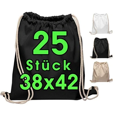 Abbildung von Baumwoll Turnbeutel 25 Stück 38 x 42cm Sportbeutel Rucksack Stofftasche Bag, Beutel, Baumwollbeutel, Jutebeutel OEKO TEX® zertifiziert Stoffbeutel Einkaufsbeutel Gym Sac Sack zum bemalen Set Schwarz
