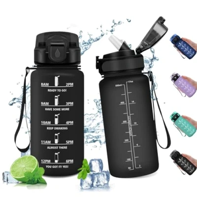 Abbildung von Trinkflasche 500ml, Sport Wasserflasche mit Strohhalm, Motivierende Zeitmarkierung, Auslaufsicher, für Fitness, Camping, Fahhrad, Outdoor, Erwachsene