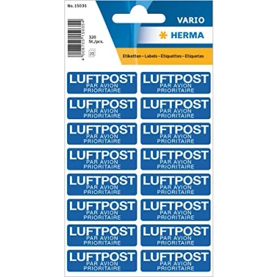 Abbildung von HERMA 15035 Luftpost Aufkleber, 320 Stück, 12 x 40 mm, selbstklebend, klein, Par Avion Prioritaire Warnhinweis Etiketten für den Versand, Papier Hinweisetiketten Versandaufkleber, blau