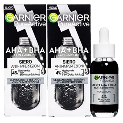 Abbildung von Garnier PureActive Anti Imperfections Gesichtsserum mit Aktivkohle Niacinamid AHA BHA Behandlung von Pickeln Mitessern mattierende und gleichmäßigende Formel ohne Rückstände 2 Flaschen à 30 ml