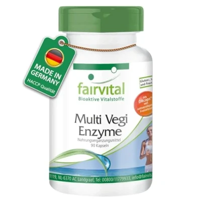 Abbildung von Fairvital Multi Vegi Enzyme 90 Kapseln 100% pflanzlicher Enzymkomplex mit Bromelain + Papain Amylase Lipase Protease Rutin für eine zeitverzögerte Freisetzung