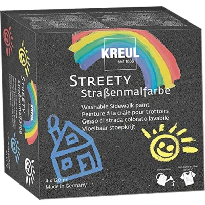 Abbildung von KREUL 43100 Streety Straßenmalfarbe Set, 4 Farben mit je 120 ml, abwaschbare Flüssigkreide zum Malen Pinsel oder Roller, flüssige Straßenmalkreide, vegan, dermatologisch getestet, auswaschbar