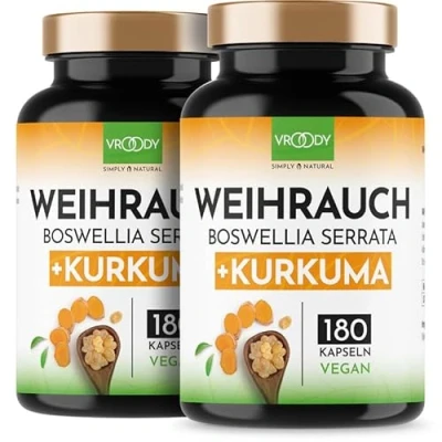 Abbildung von 2x VROODY Weihrauchkapseln hochdosiert Boswellia Serrata 2000mg Tagesdosis 180 Stück 85% Boswelliasäure 125mg CURCUMA 95% Curcuminoide vegan &amp; ohne Zusätze