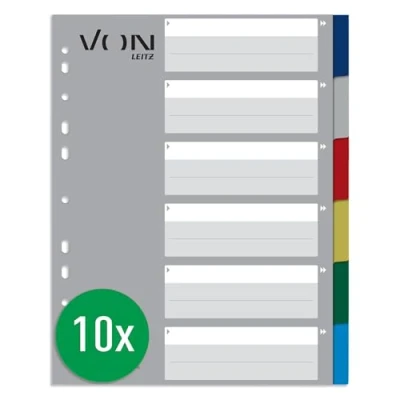 Abbildung von VON Leitz 10er Pack 6 teiliges Register A4, blanko Trennblätter für Ordner, PP, Extra breit, 11 Loch Universalregister Schnellhefter &amp; Ringbücher, Mehrfarbig, 13050000