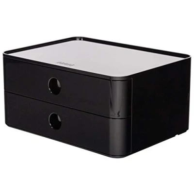 Abbildung von HAN Schubladenbox Allison SMART BOX mit 2 Schubladen und Trennwand, Kabelführung, stapelbar, Utensilienbox für Büro, Schreibtisch Küche, möbelschonende Gummifüße, 1120 13, hochglänzend schwarz