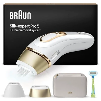 Abbildung von Braun IPL Silk·expert Pro 5, Haarentfernung für zuhause, Alternative zur Laser Haarentfernung, mit Tasche, Venus Rasierer, 2 Aufsätze, Weiß/Gold, PL5152