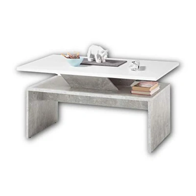 Abbildung von Stella Trading ALLEGRA Moderner Couchtisch mit erhöhter Tischplatte in Beton Optik, Weiß extravaganter Sofatisch für Ihren Wohnbereich 100 x 50 60 cm (B/H/T)