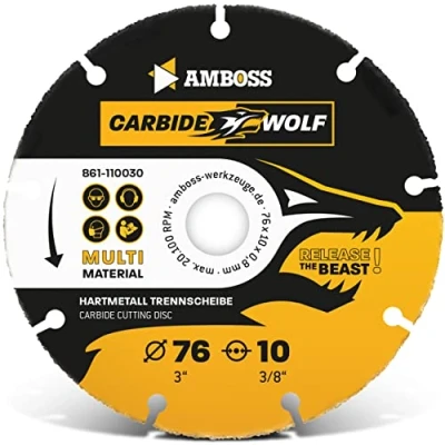 Abbildung von Amboss Carbide Wolf Ø 76mm Multi Hartmetall Trennscheibe für Winkelschleifer (Flex,Bosch uva) Holz (mit Nägeln), Kunststoff, Plastik, Gips Holztrennscheibe, Universal Sägeblatt, Speedcutter