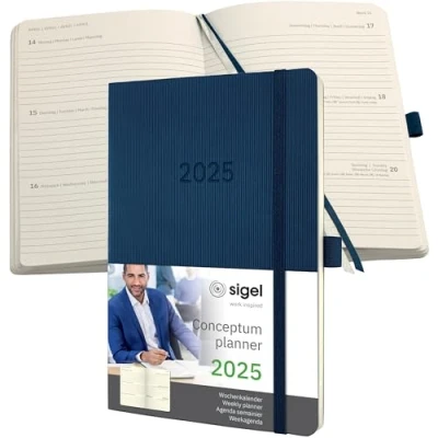 Abbildung von SIGEL C2532 Terminplaner Wochenkalender 2025, ca. A5, dunkelblau, Softcover, 192 Seiten, Gummiband, Stiftschlaufe, Archivtasche, aus nachhaltigem Papier, Conceptum