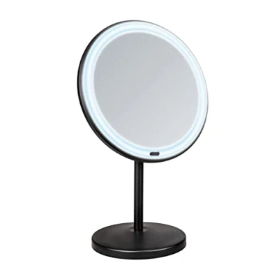 Abbildung von WENKO LED Stand Kosmetikspiegel Mod. Onno, dimmbarer Spiegel mit 5 Fach Vergrößerung, EIN /ausschalten per Touch Funktion, Betrieb Batterien oder USB Kabel, 20x34x13,5 cm, Schwarz