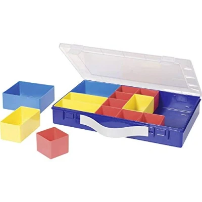 Abbildung von hünersdorff Sortimentskasten PP Premium mit 14 Einsatzboxen Tragegriff stabile Sortierbox für Schrauben und andere Kleinteile herausnehmbare Einsätze 22,5 x 33,5 5,5 cm, blau