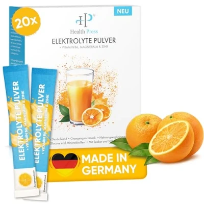 Abbildung von Health Press® Elektrolyte Elektrolyt Pulver (20 Sticks je 8g) Getränkepulver zur &amp; Flüssigkeitszufuhr Electrolytes Orangengeschmack Elektrolytpulver Sport zum Auflösen in Wasser