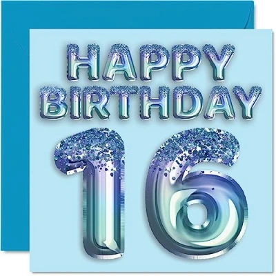 Abbildung von Stuff4 Geburtstagskarte zum 16. Geburtstag für Jungen Blauer Glitzer Partyballon Happy Birthday Karten 16 Jahre alten Jungen, Enkel, Sohn, Bruder, Neffe, 145 mm x mm,