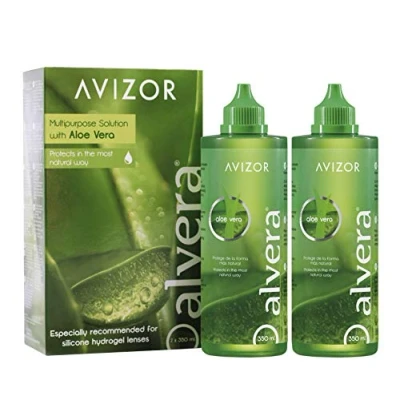 Abbildung von Kontaktlinsenflüssigkeit AVIZOR Alvera 2 x 350 ml im Etui. Lösung zur Reinigung und Desinfektion aller Arten von weichen Kontaktlinsen.