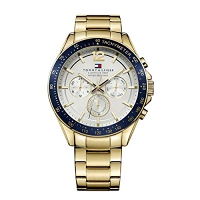Abbildung von Tommy Hilfiger Herren 48mm Multifunktions Quarz Uhr Armband aus Gold Edelstahl, Silberweißes Zifferblatt, 3 Hilfszifferblätter, Wasserdicht bis 5ATM 1791121