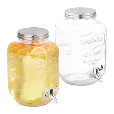 Abbildung von Relaxdays Getränkespender 2er Set, Limobehälter 4L, Zapfhahn und Deckel, Wasserspender, Glas &amp; Kunststoff, transparent