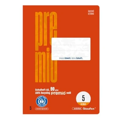 Abbildung von Staufen premio Schulheft 10 Hefte je 16 Blatt, DIN A5, Lineatur 5 (5mm kariert), 90 g/m² Recyclingpapier, runde Ecken verhindern „Eselsohren“