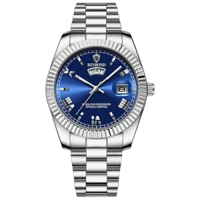 Abbildung von JewelryWe Herrenuhr Edelstahl Leuchtend Uhr: 30m Wasserdicht Woche Datum Kalender Analog Quarz Armbanduhr Herren Silber Edelstahlarmband Uhr mit Leuchtzeiger &amp; Blau römischen Ziffern Zifferblatt