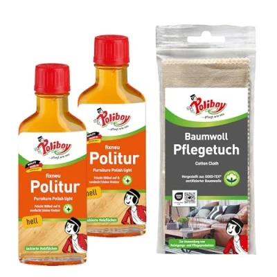 Abbildung von POLIBOY fixneu Politur hell Möbelpolitur für helle lackierte Hölzer farbauffrischende Holzpolitur 2x 100ml Mit Baumwolltuch Made in Germany