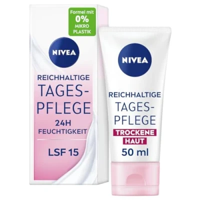 Abbildung von NIVEA Reichhaltige Tagespflege 24h Feuchtigkeit (50 ml), Gesichtscreme für trockene Haut mit LSF 15, feuchtigkeitsspendende Tagescreme natürlichem Mandelöl