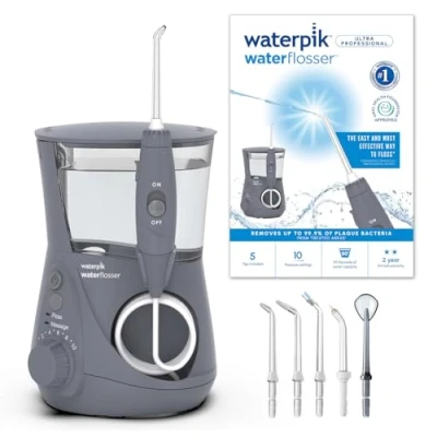 Abbildung von Waterpik Ultra Professional Waterflosser feststehende Munddusche mit 7 Aufsätzen, Druckbereich von 0,7 Bar regulierbar über 10 Druckeinstellungen, integrierter Timer, Grau (WP 667EU) 1er Pack