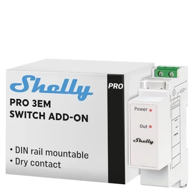 Abbildung von Shelly Pro 3EM Switch Add on Trockene Kontakte DIN Schienenmontage möglich Hausautomation iOS Android App Kein Hub nötig