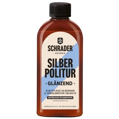Abbildung von SCHRADER Silberpolitur glänzend Silberpflege zum Polieren, als Silberreiniger zur Entfernung von Anlaufstellen Poliermittel mit Carnaubawachs 250 ml Made in Germany