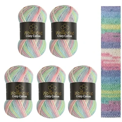 Abbildung von 5 x 100g Wollbiene Crazy Cotton Batik 500 Gramm mit Farbverlauf 55% Baumwolle mehrfarbig Multicolor Strickwolle Häkelwolle Wolle Ganzjahreswolle (2010 grün rosa weiß pastell)