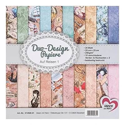 Abbildung von Ideen mit Herz Duo Design Papiere Block 20 Blatt Bastelpapier 25 x cm 250g/m² beidseitig bedruckt Designpapier, Motivpapier ideal für Scrapbooking, Basteln (Auf Reisen 01)