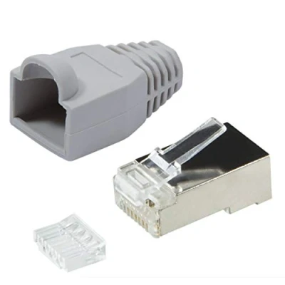 Abbildung von odedo 20x RJ45 Crimpstecker CAT 6 Metall geschirmt mit Einfädelhilfe und Knickschutz Hülle. Netzwerkstecker Crimp Stecker Grau