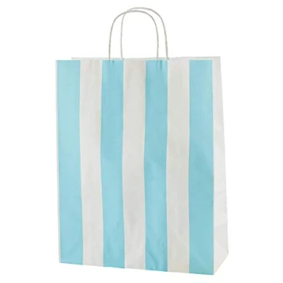 Abbildung von Thepaperbagstore 10 Papiertragetaschen, Recycelbar Und Wiederverwendbar, Mit Gedrehten Griffen, Hellblau/Weißen Streifen Mittelgroß 250x110x310mm