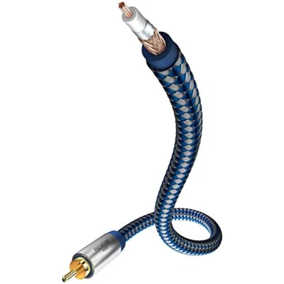 Abbildung von inakustik 00408051 Premium Mono Subwooferkabel Für kraftvollen und dynamischen Bass dank eines hohen Kupfergehaltes 5,0m in Blau/Silber 2 fache Abschirmung Vollmetallstecker moderner Geflechtschirm