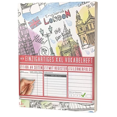 Abbildung von Mein Einzigartiges XXL Vokabelheft: 100+ Seiten, 2 Spalten, Register / Lernerfolge auf jeder Seite zum Abhaken PR101 &quot;Englisch Stamps&quot; DIN A4 Softcover