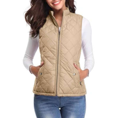 Abbildung von fuinloth Damen Weste, Herbst Leichte Steppweste Westen Ärmellos Jacke Kurz Vest Gilet Khaki S