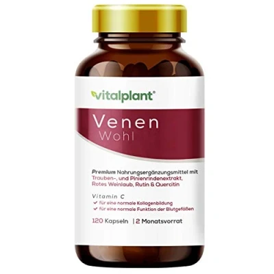Abbildung von Vitalplant® Venen Kapseln mit Rotem Weinlaub, Rutin, Quercitin, Traubenkernextrakt &amp; nat. Vitamin C 600mg hochdosierter komplex 120 vegan