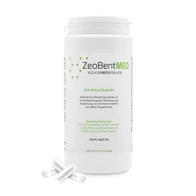 Abbildung von ZeoBent MED 200 Detox Kapseln, Medizinprodukt, hochdosiert, hochwirksam ultrafein 9µm, Apothekenqualität, Entgiftung von Schwermetallen, 100% Zeolith Klinoptilolith, Bentonit