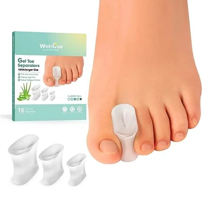 Abbildung von Welnove Gel Zehenspreizer 16er Pack mit Aloe Vera Extrakt angereicherte Silikon zum Glätten überlappender Zehen, Ballenzehen Ballenkorrektur für Männer und Frauen (3 Größen)