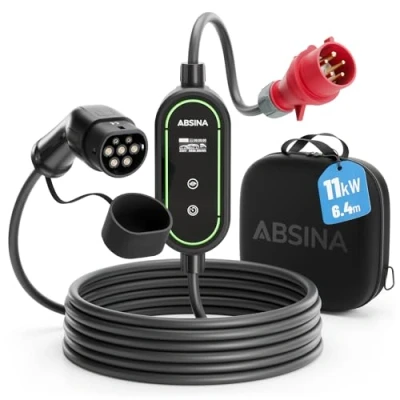 Abbildung von ABSINA Ladekabel CEE 16A auf Typ 2 mit Einstellbarer Ladeleistung Mobile Wallbox 11kW 3 phasig IP67 6,4 m Kabel Elektroauto für i3, e Up, ID.3, ID.4, Zoe, fortwo, Kona UVM