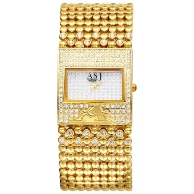 Abbildung von JewelryWe Damenuhr Gold Rechteckig Uhr: Glitzer Strass Analog Quarz Armbanduhr Damen Breit Metallarmband Perlenarmband Lässige Uhr Golduhr mit Eckigem Diamant Zifferblatt