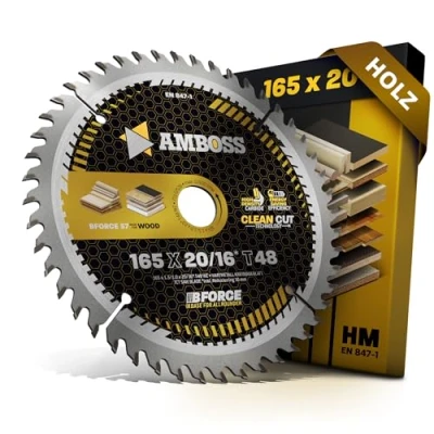 Abbildung von HM Kreissägeblatt 165x20 16 Z48 Wechselzahn für Akku Holz Super Feinschnitt. AMBOSS WERKZEUGE® Sägeblatt 165mm +Reduzierring 20mm. 165x16 komp. zu Bosch GKS 18v 57g. GKT 55 GCE Makita SP60