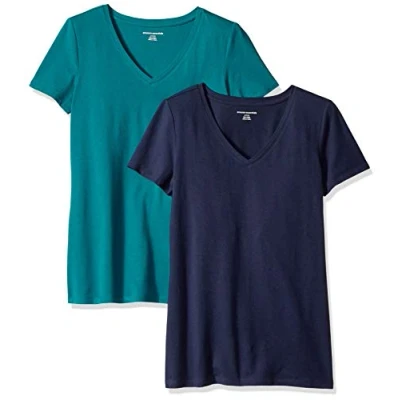 Abbildung von Amazon Essentials Damen Kurzärmeliges T Shirt mit V Ausschnitt, Klassischer Schnitt, 2er Pack, Dunkelgrün/Marineblau, XS