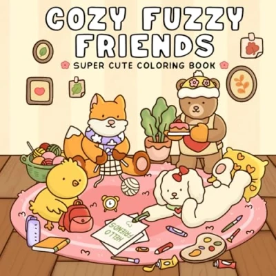 Abbildung von Cozy Fuzzy Friends: Coloring Book for Adults &amp; Teens Featuring Super Cute Animal Characters in Hygge Inspired Scenes Relaxation and Stress Relief.